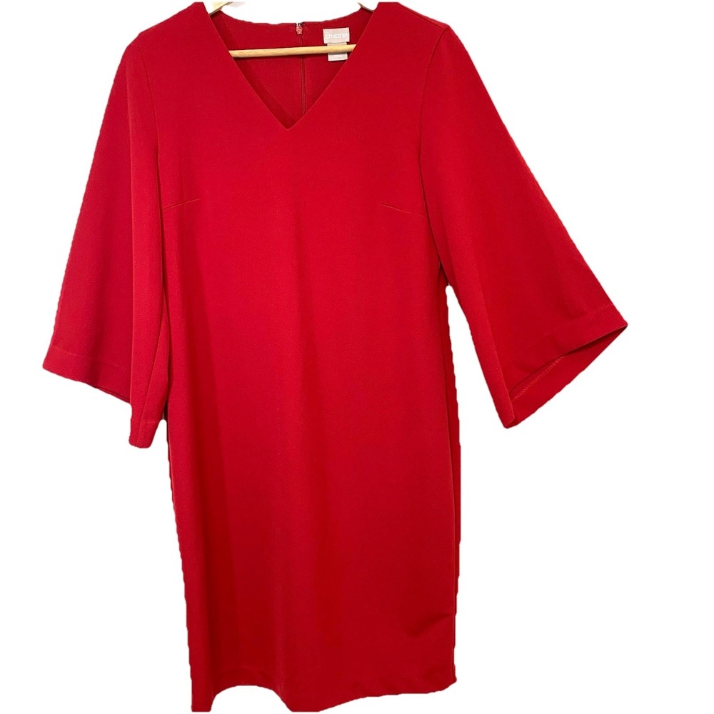 Chicos 1 Red Dress 8/10 Shift Knee Length Flare 3/4 Sleeve Business Holiday Work